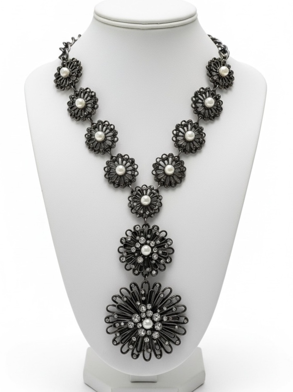 Gunmetal Statement Necklace Y-Drop Floral Rhinestone Pearl Bib Chunky Modern